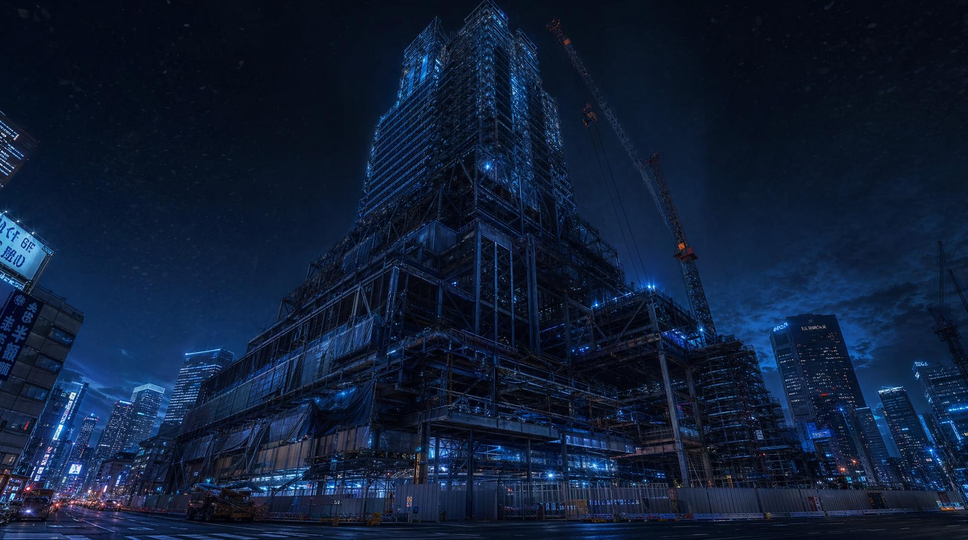 超高層ビル建設現場の夜景