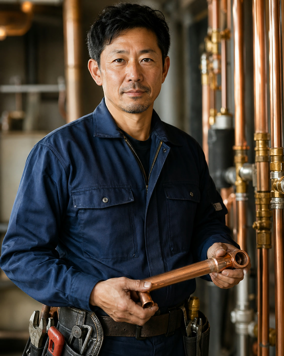 職人が配管を施工する様子