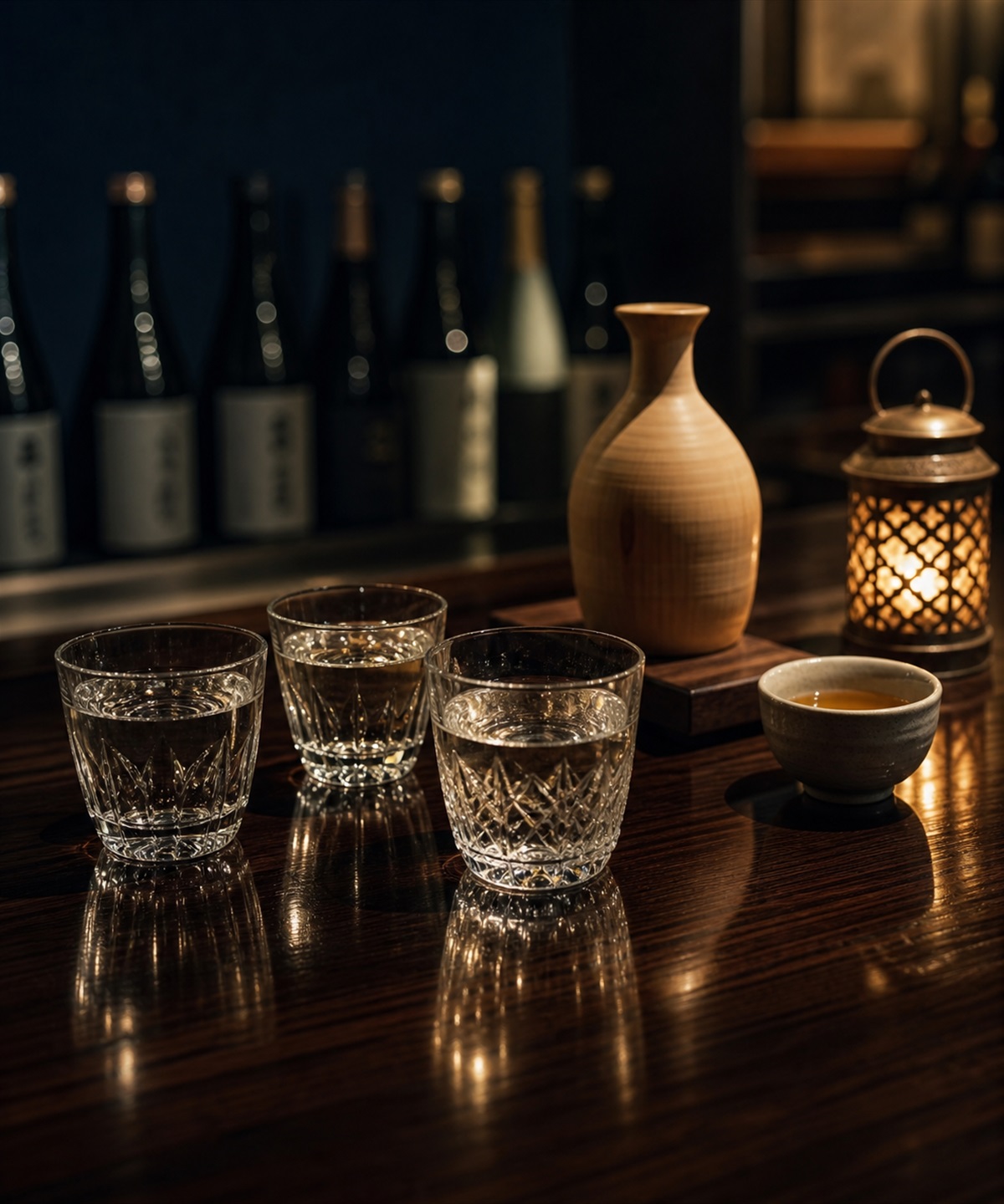 夜の小さなバーに並ぶ地酒のグラス