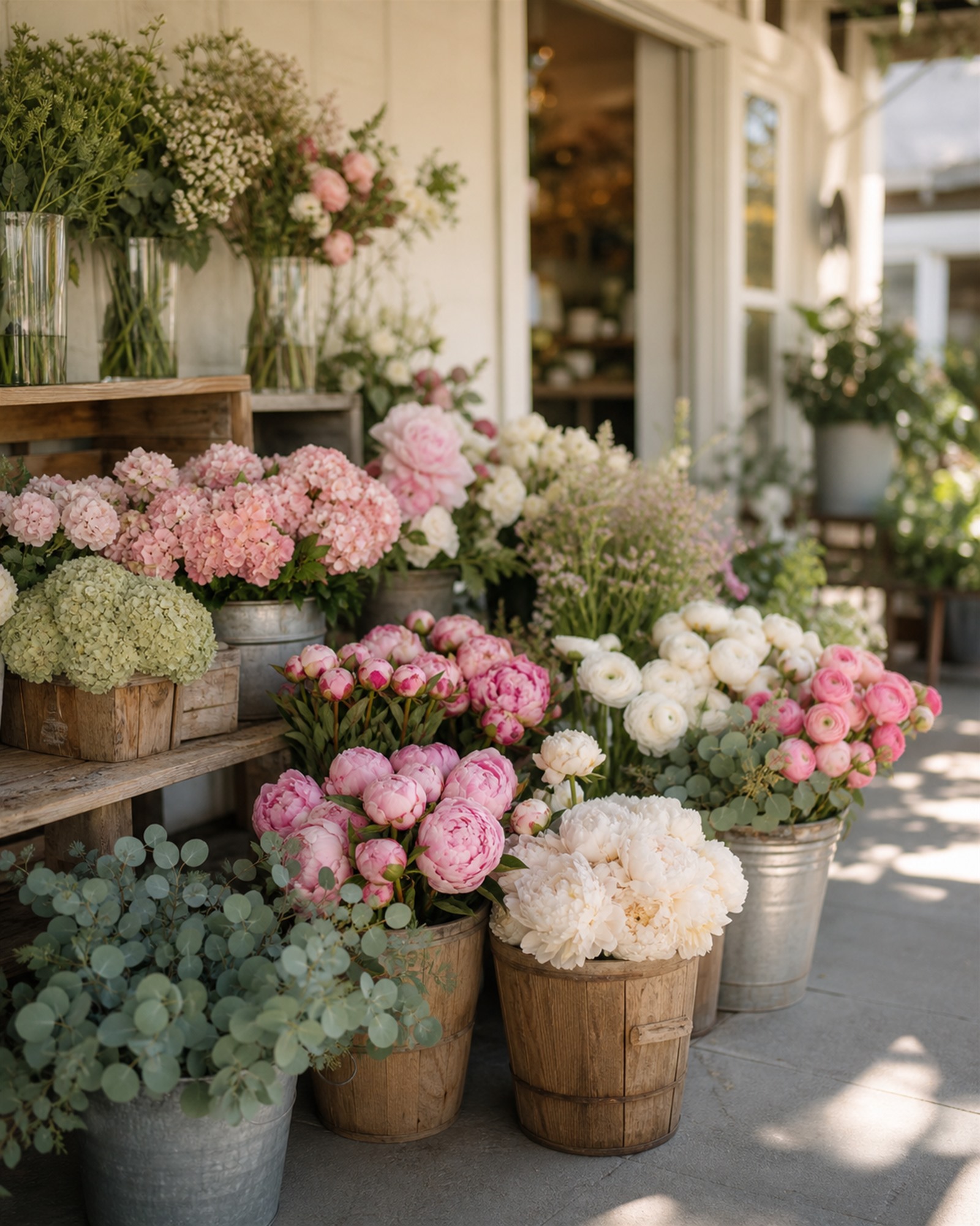 季節の花が並ぶフラワーショップの店先