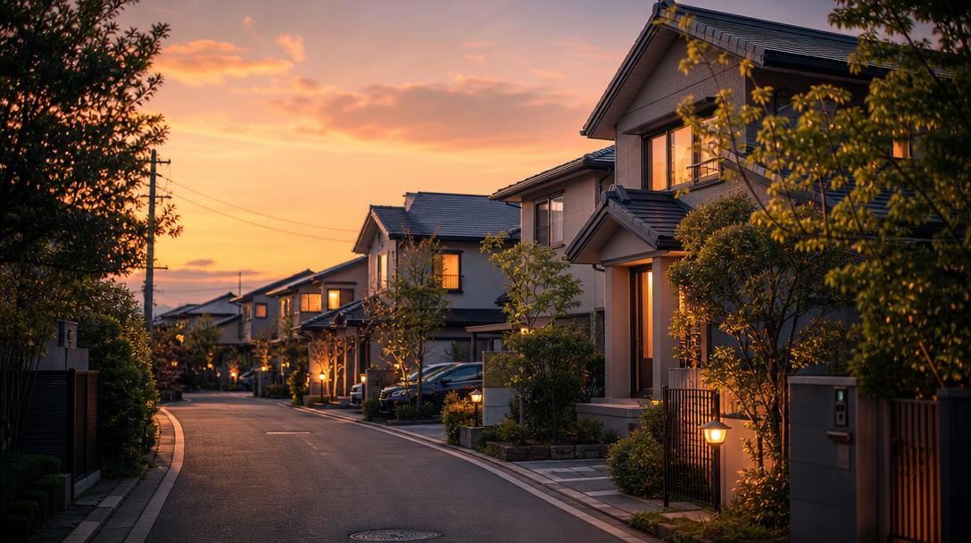 夕暮れの住宅街と温かな灯りのともる家