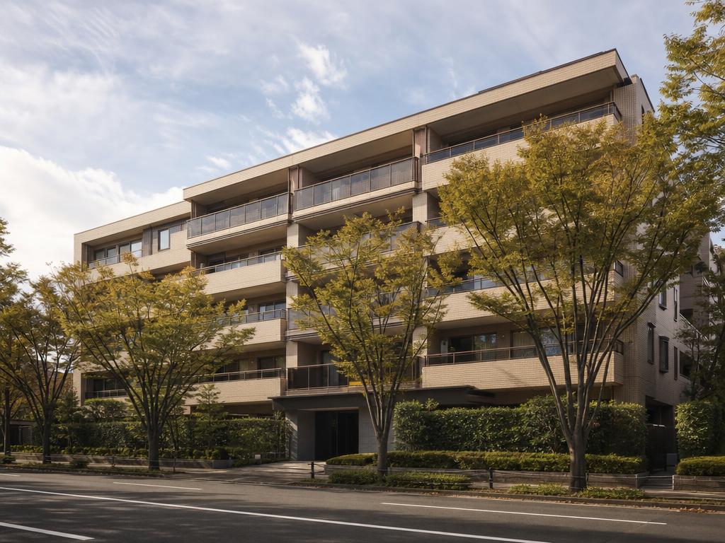青空の下に建つ中層マンションの外観