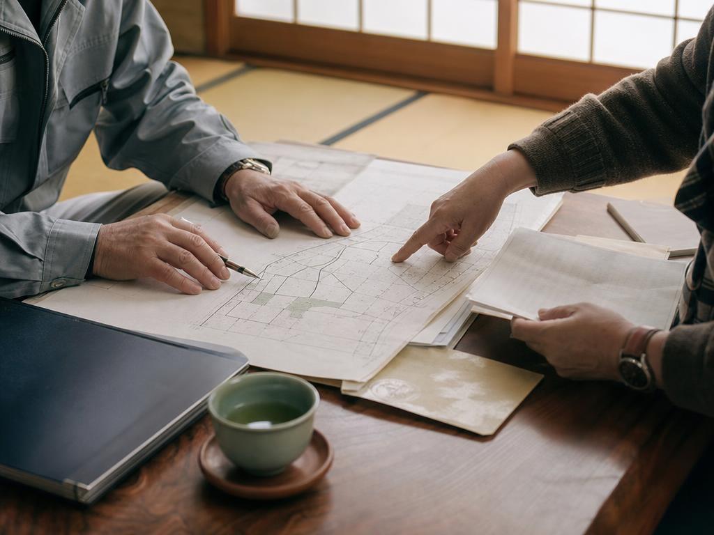 和室で図面と書類を挟んで行われる相談の様子