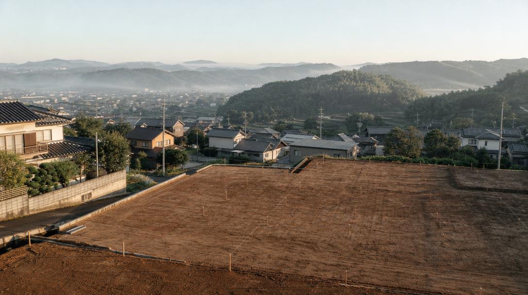 手入れされた区画整理地と測量の様子を写した俯瞰の風景
