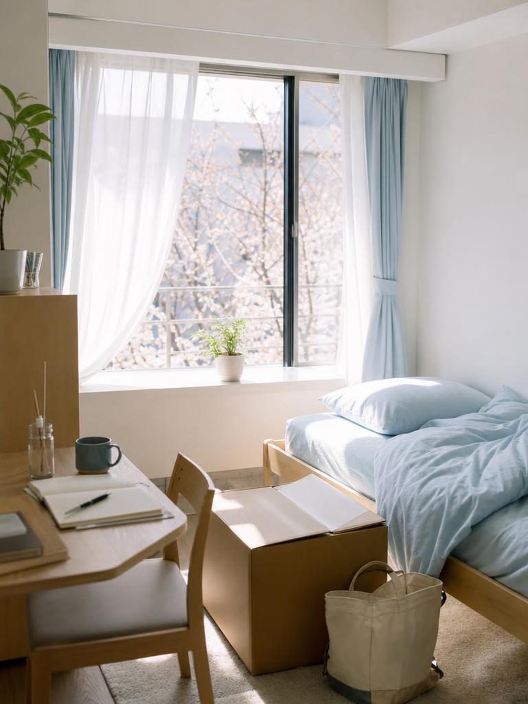 窓から光が差し込む、明るいワンルームの部屋
