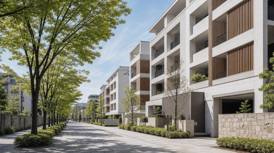 街路樹の並ぶ通りに面した低層マンションと明るい昼の光