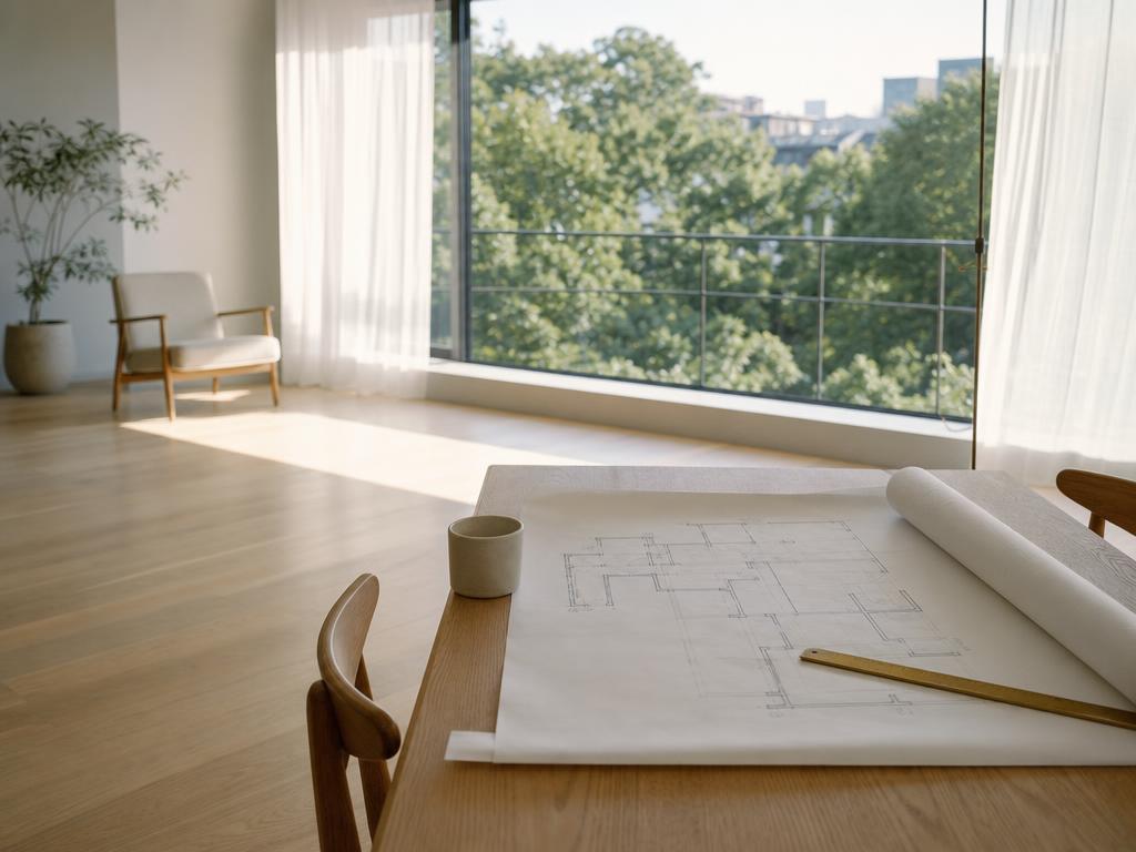 明るいリビングの窓辺と、テーブルに広げられた住宅の間取り資料