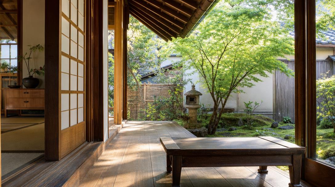 庭の緑を望む和室の縁側と、朝の柔らかな光