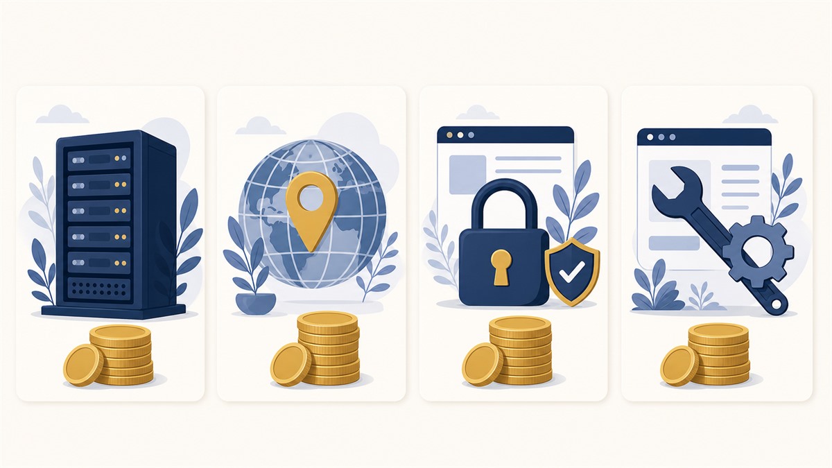 ホームページ維持費の4つの内訳(サーバー・ドメイン・SSL・保守更新費)を表すイラスト