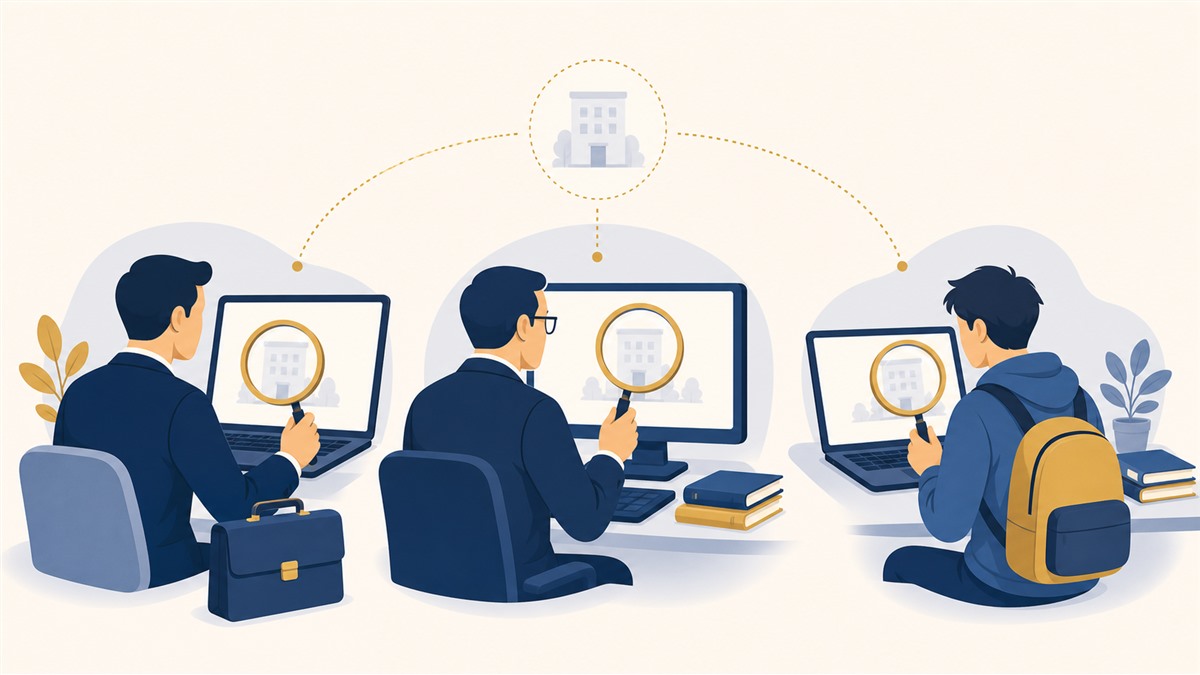 取引先や求職者が会社を検索して確認する様子のイラスト