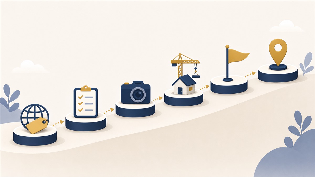 ドメイン取得から公開までの6ステップを表すイラスト