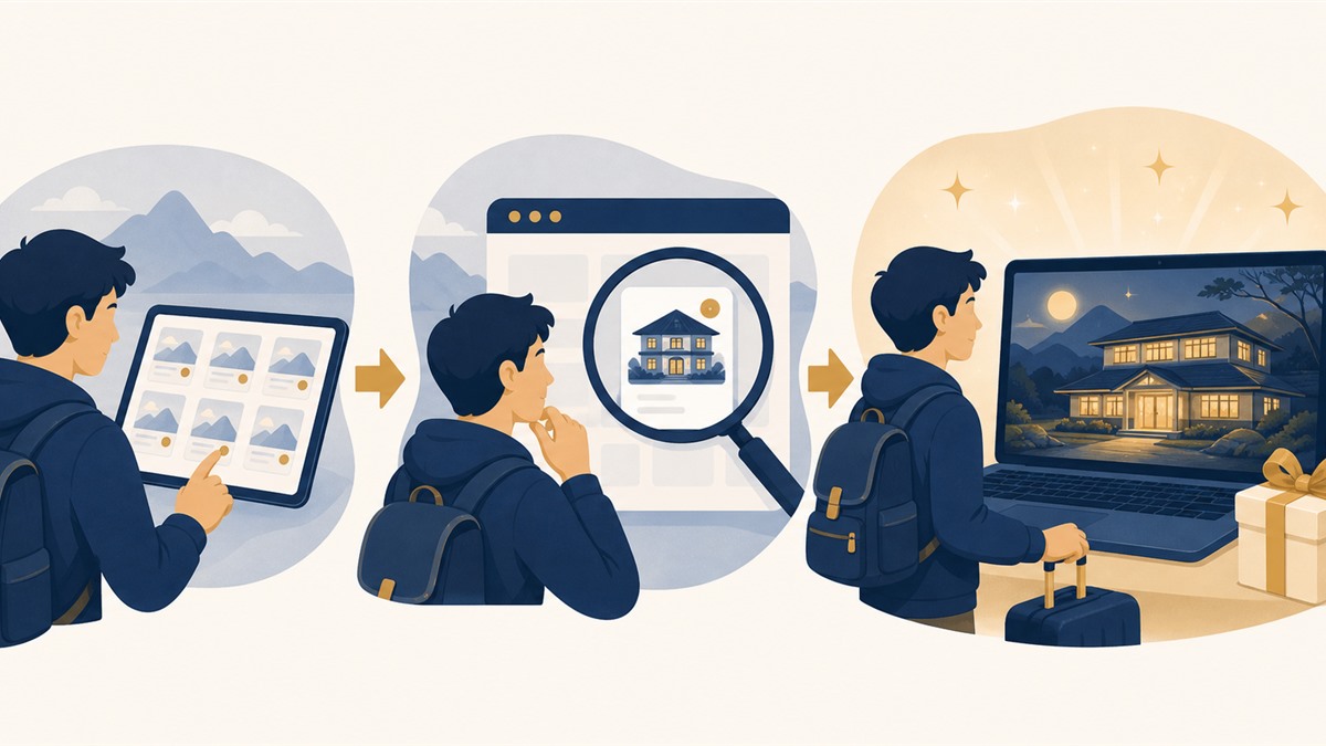 OTAで見つけて公式サイトで確認する検索行動のイラスト