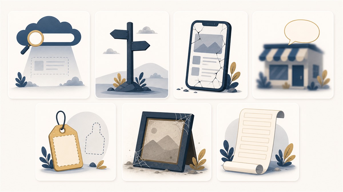 問い合わせが来ない7つの原因を表すイラスト